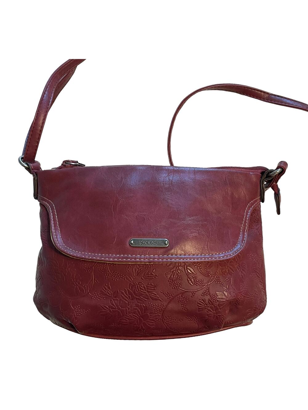 Koltov Faux Leather Crossbody Bag Womens Burgundy Red Floral Embossed Purse
